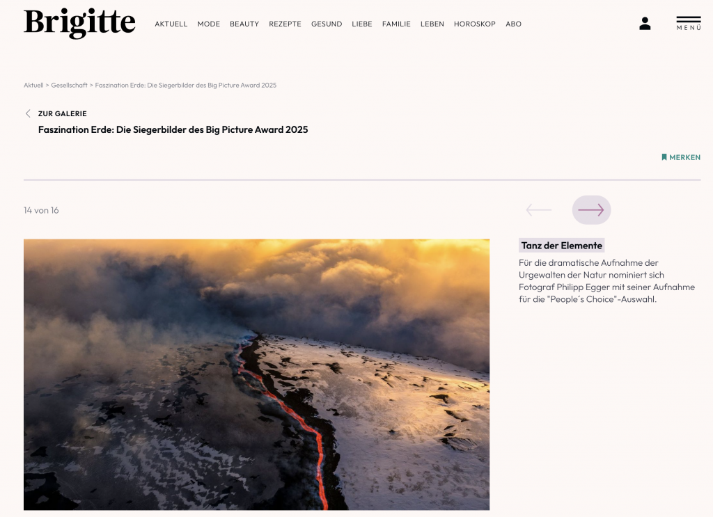 Naturaufnahme von Philipp Egger mit dramatischer Naturkulisse, Vulkan, Lavafluss, Himmel, Wolken, Feuerspuren, beeindruckendes Landschaftsfoto, kreative Naturfotografie, Siegerbild Big Picture Award 2025.