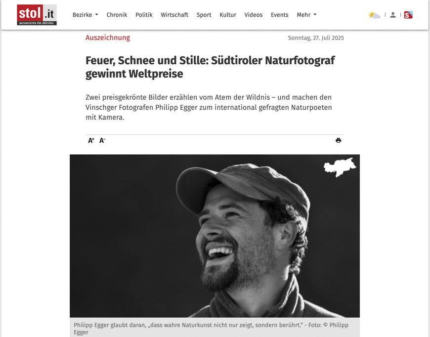 1. Hochwertiges Naturfotografiebild von Philipp Egger, Südtiroler Naturfotograf mit Fokus auf Naturschauspiele, Wildnis, Schnee und Feuer, preisgekrönt, international anerkannt.