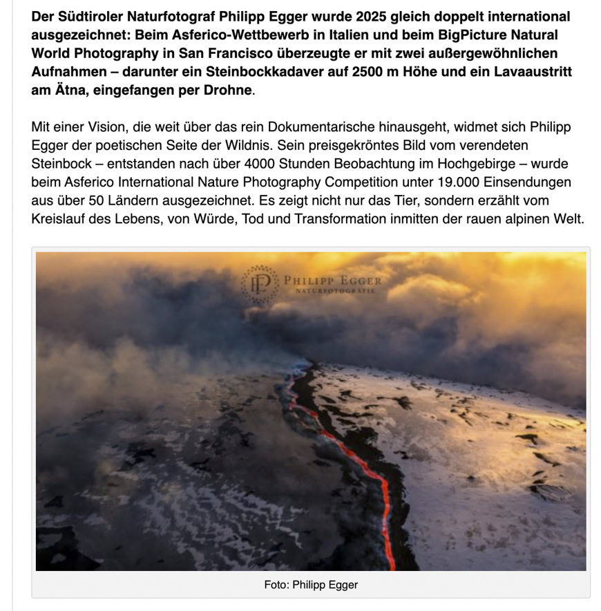 - Atemberaubende Luftaufnahme eines Lavaflusses auf 2500 m Höhe im Ätna, aufgenommen vom Südtiroler Naturfotograf Philipp Egger, bekannt für außergewöhnliche Natur- und Tierfotografie.
