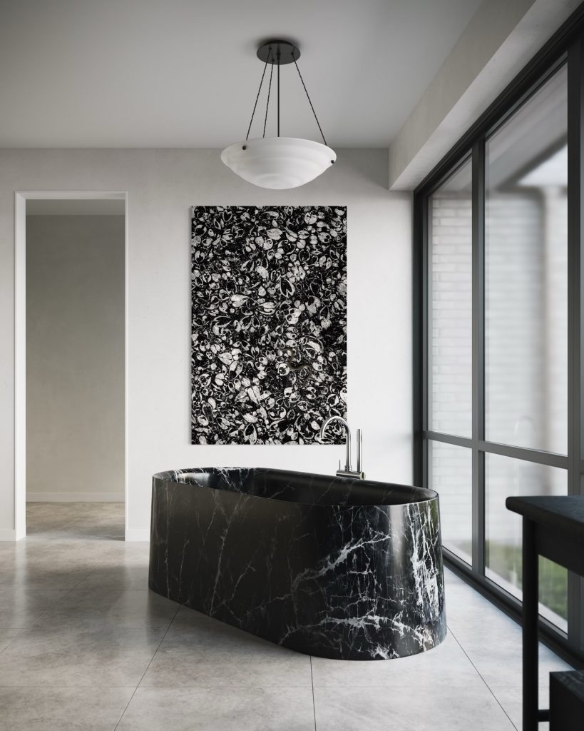Elegante schwarze Marmorbadewanne in modernem Badezimmer mit großem Fenster und minimalistischer Dekoration. Perfekt für luxuriöse Badezimmer und hochwertige Inneneinrichtung.