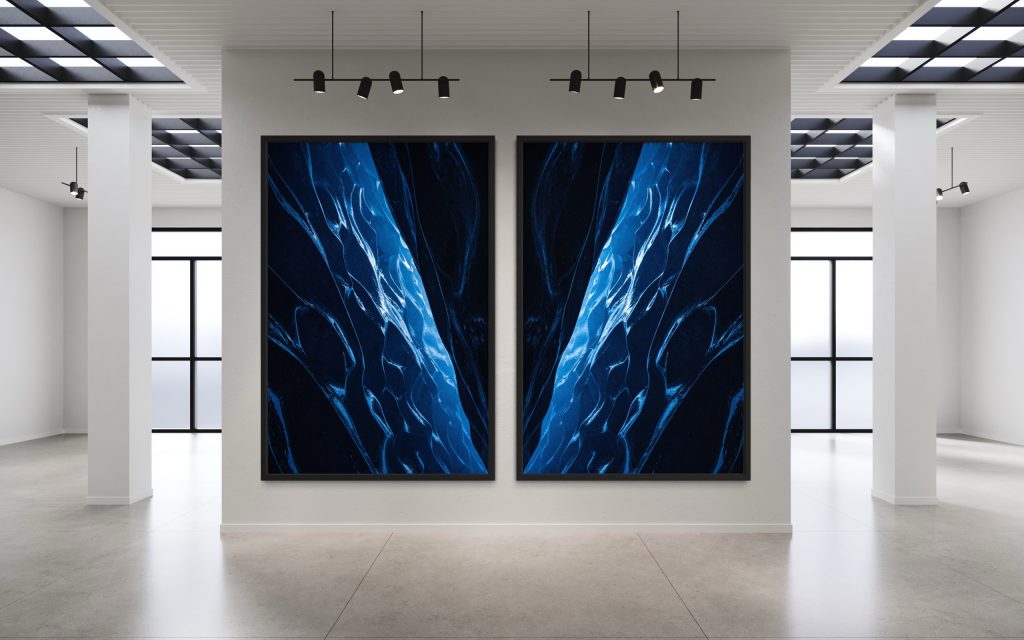Blue abstract artwork with flowing lines, modern gallery interior, minimalistic white walls, contemporary lighting, and large windows for natural illumination. Perfect for modern art collection or interior design.