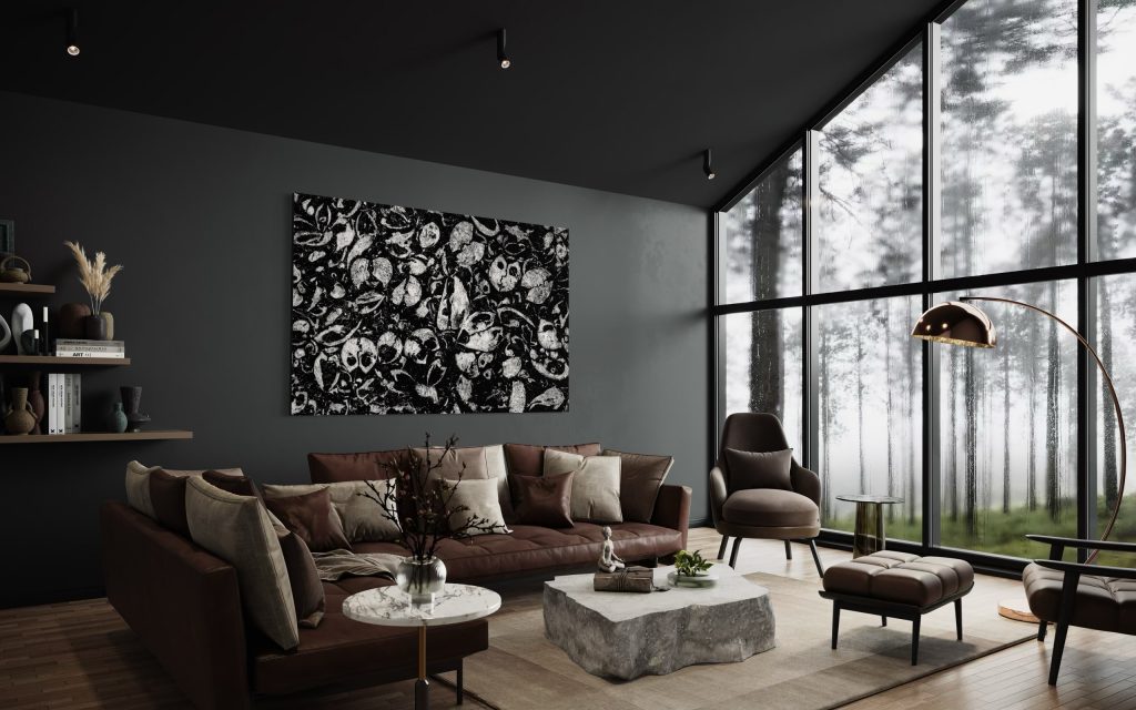 Bedrucktes, stilvolles Wohnzimmer mit modernen Möbeln, großem Fenster, urbanem Design, gemütlicher Atmosphäre, hochwertiger Innenarchitektur, minimalistischer Dekoration, Komfort, Eleganz, Naturblick, Innenarchitektur, stilvolle Einrichtung.