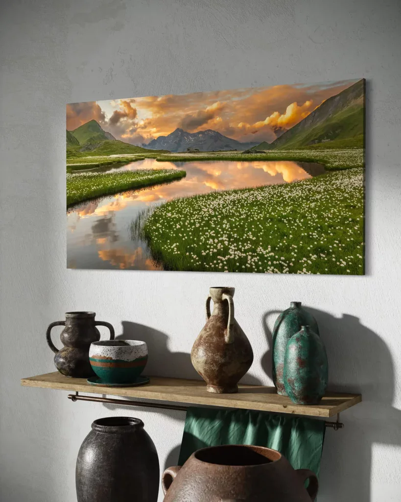 Atmungsaktives Landschaftsfoto mit Bergen, See und Blumen, ideal für naturbasierte Wanddekorationen und Raumgestaltung.