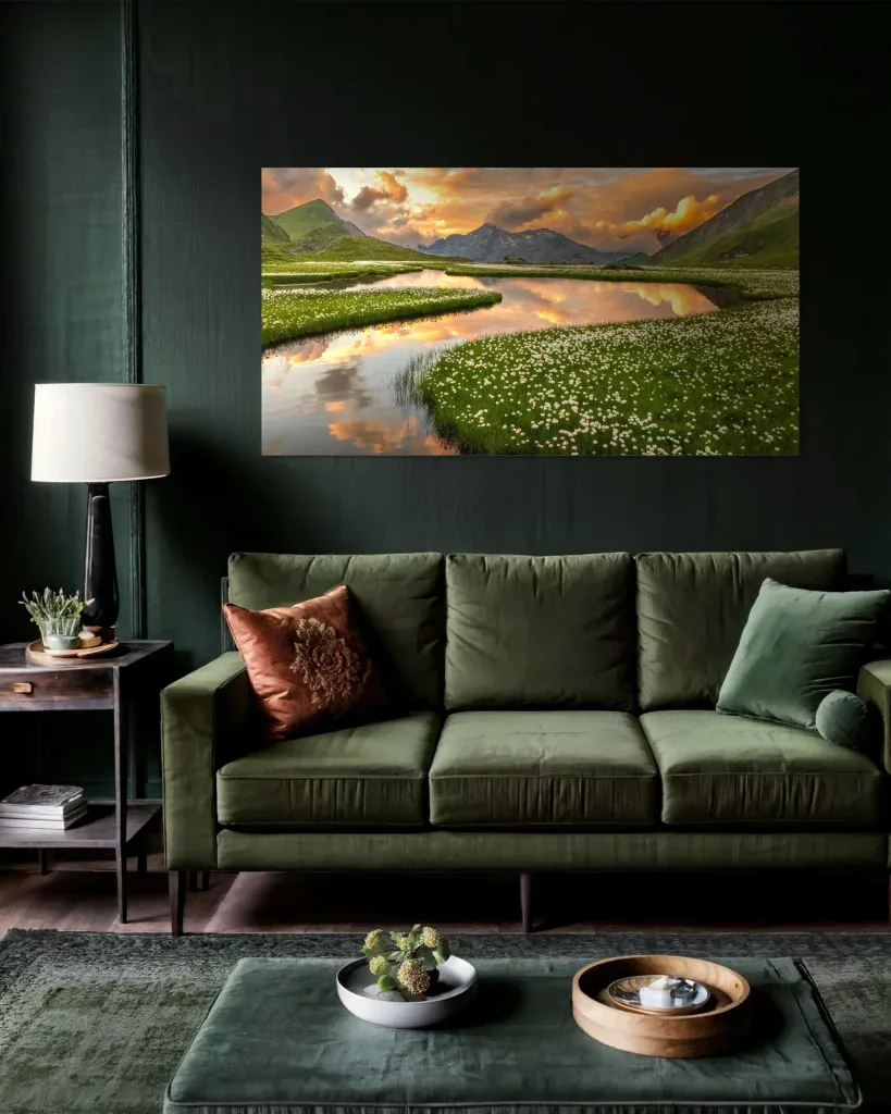 Landschaftsbild mit Bergsee, grünen Wiesen und Sonnenuntergang, detailreiche Naturfotografie, perfekt für Wohnzimmerdekoration und Naturfans, inspiriert von Philipp Egger.