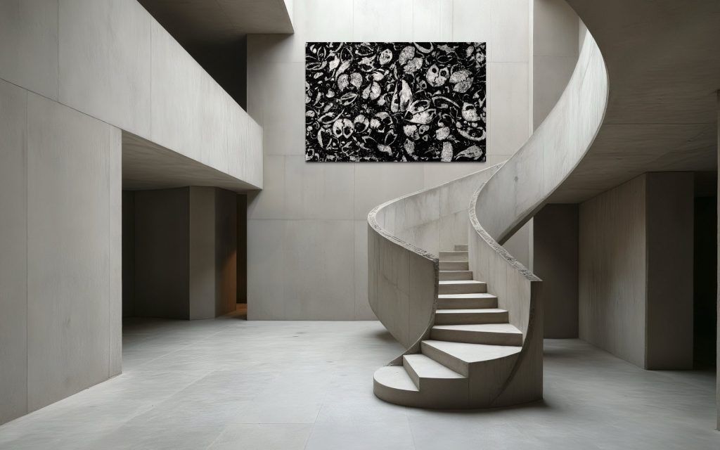 Minimalist Treppe aus hellem Stein in modernem Gebäude, Kunstwerk mit Totenköpfen im Hintergrund, zeitgenössisches Interieur, klare Linien, elegantes Design, Architekturfotografie, Innenarchitektur, Hochwertige Baukunst, Philpp Egger.