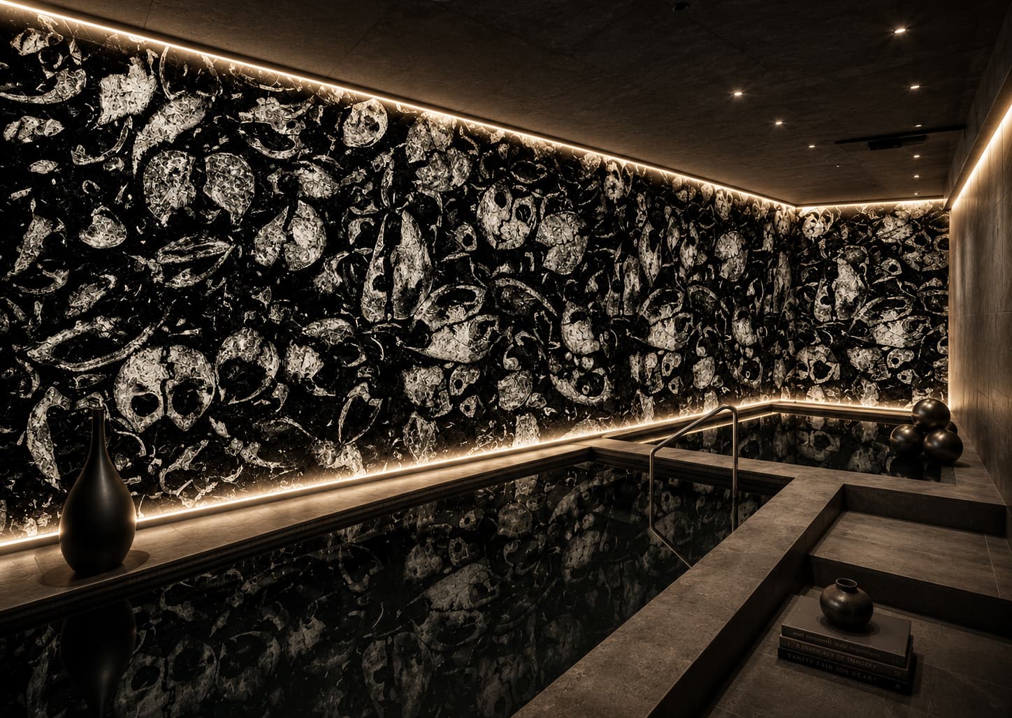 Dunkle Wellness- oder Spa-Umgebung mit Wanddekoration aus schwarzen und weißen Versteinerungen, sanfte Beleuchtung und elegantes Design, ideal für Entspannung und Erholung.
